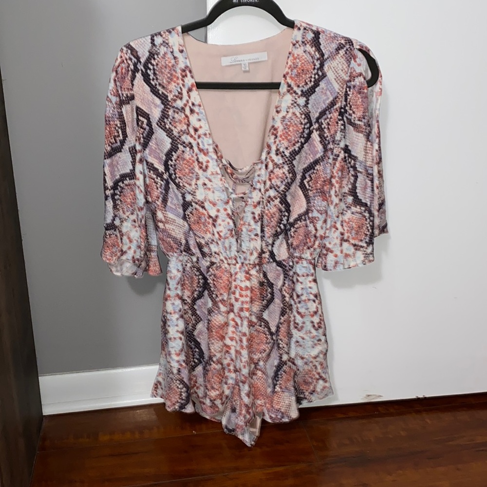 Lovers + Friends Epiphany Snake Print Lace Up Romper Pink